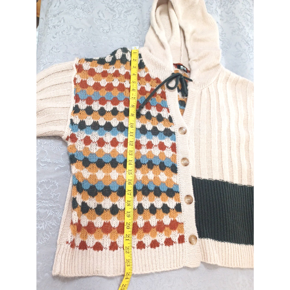 Miss Me Women's Cardigan Sweater Hood Tie Beige Check Aztec Sz M Acrylic Country - Picture 11 of 13